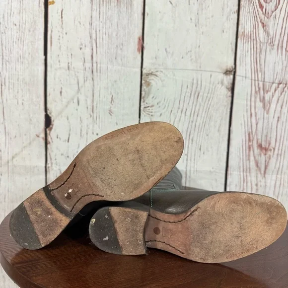 BCBG MAX AZRIA distressed Black leather blue raffia embroidery tall Boots 7 GUC